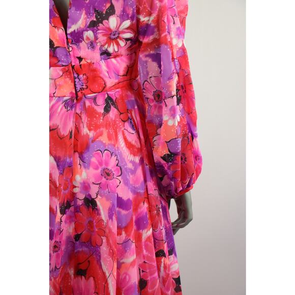 Vintage 1970s Red Pink Purple Chiffon Floral with Keyhole Cutout Small - Picture 10 of 10